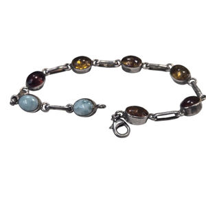 Vintage Bracelet 925 Silver Chain Larimar Amber Stone Cabochon Reversible Womens
